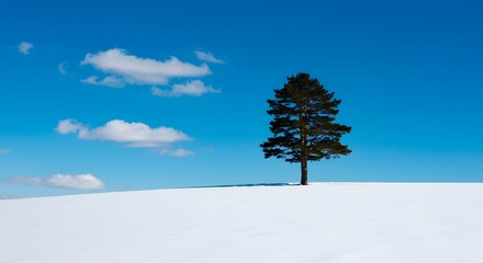Lone Pine on Pristine Snow, Cerulean Sky and Fluffy Clouds, Stark Shadows in Winter Light, Vast Snowy Expanse Serenity, Crisp Contrast in Minimalist Landscape