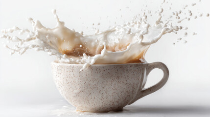 Milk splash in coffee cup with ceramic texture on white