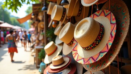 Traditional Handcrafted Straw Hats Displayed at a Vibrant Outdoor Market