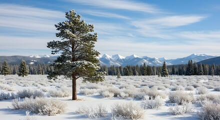 Frosted Evergreen in Snowfield, Sharp Shadows on Snowy Rocks, Cerulean Sky and Clear Light, Hazy Treeline Beyond, Pristine Winter Calm and Contrast