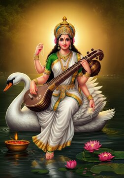 A captivating illustration of the hindu goddess saraswati, seated gracefully on a swan, playing the veena