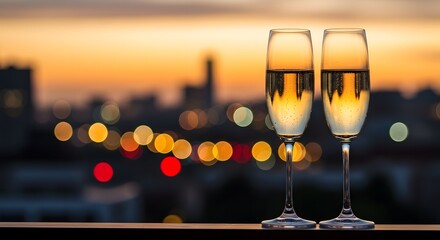 Champagne Flutes at Sunset, Sparkling Bubbles in Focus, Blurred City Skyline Glow, Warm Golden Evening Light, Romantic Toast on Balcony