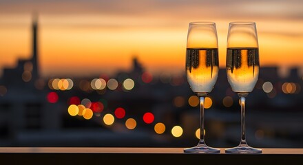 Champagne Flutes at Sunset, Sparkling Bubbles in Focus, Blurred City Skyline Glow, Warm Golden Evening Light, Romantic Toast on Balcony