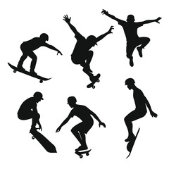 Six Black Silhouettes of Skateboarders Performing Tricks 1