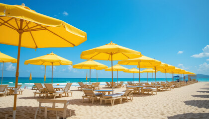 Yellow beach umbrella and lounge chair on sunny sand beach
