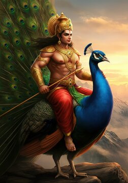 Lord murugan riding peacock, a hindu deity of war, wisdom, and love, in a divine and spiritual journey