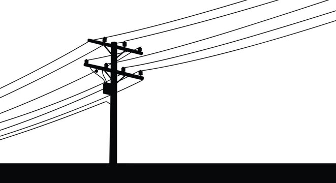 Electric pole with transformer silhouette, power line vector illustration, rural utility structure, energy cable art, black minimal infrastructure design