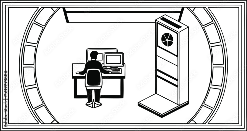 Aufkleber a modern workspace depicting a person working on a computer alongside a server or data center icon i