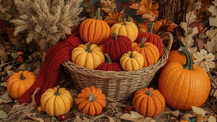 Warm Autumn Harvest Basket Filled with Colorful Knitted Pumpkins and Gourds Amidst Fall Foliage