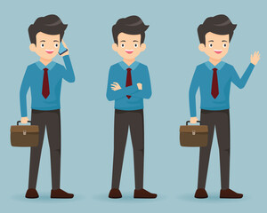 Fototapeta premium Set of Businessman character in different poses. Cartoon man standing, Vector illustration.