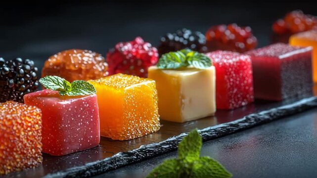 Colorful fruit jelly cubes arranged in a row with fresh mint leaves on a dark slate surface