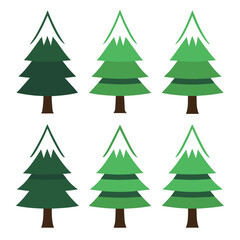 Six stylized Christmas trees in green and dark green