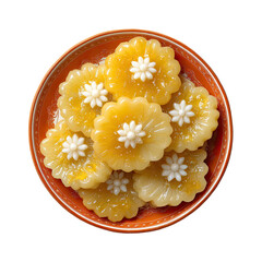 Sweet, golden flower-shaped treats on a terracotta plate