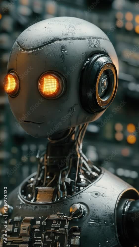 Poster the showcases a robot equipped with advanced optical sensors that illuminate its surroundings in vib