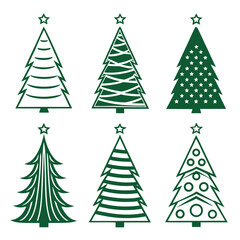 Fototapeta premium Six stylized green Christmas trees with stars holiday