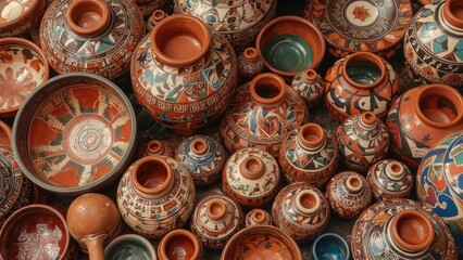 Colorful Hand Painted Ceramic Pottery Collection Displayed Together
