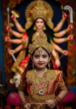 Little indian girl dressed as hindu goddess durga, standing in front of durga idol during festival