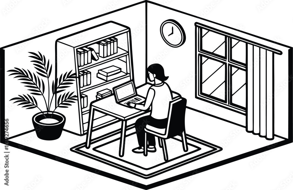Poster isometric illustration of a person working from home inside a room with a laptop bookshelf and windo