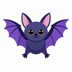 Cute cartoon bat with big eyes and purple wings flying. Adorable Halloween character illustration isolated on white background.