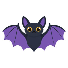 Cute purple bat cartoon character flying with big eyes. Adorable kawaii animal illustration for Halloween or children's design.
