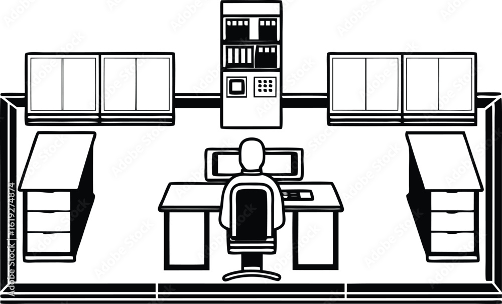 Poster monochrome vector illustration of data center it professional at work in server room operating syste