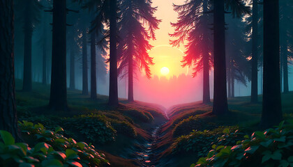 Synthwave sunset reflecting on a wet, grid-textured virtual landscape after a rain, neon reflections, vaporwave style, pink and blue hues.
