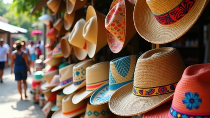 Handmade Straw Hats Displayed at an Outdoor Market