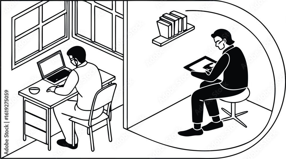 Poster remote work concept depicting online communication and technology using laptop and tablet in interio