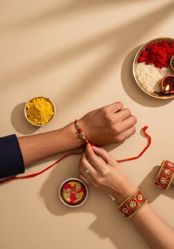 Top view of a woman tying rakhi on a mans wrist during raksha bandhan celebration