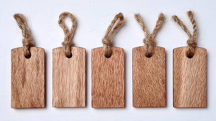 Group of simple, rectangular wooden tags with jute string.