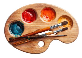 Wooden artist's palette with vibrant paint and paintbrushes