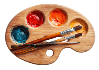 Wooden artist's palette with vibrant paint and paintbrushes