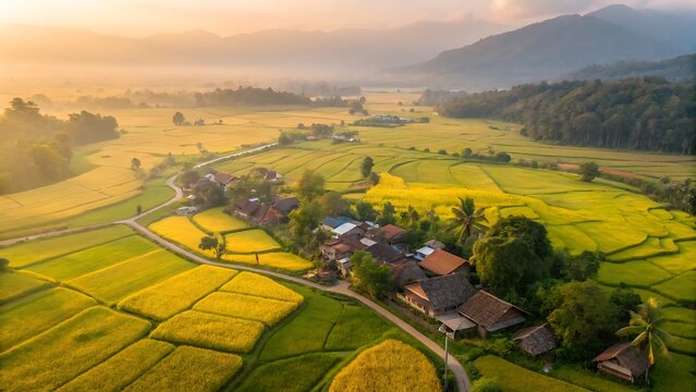 Golden rice fields surround a village nestled among lush green hills aerial view farming village