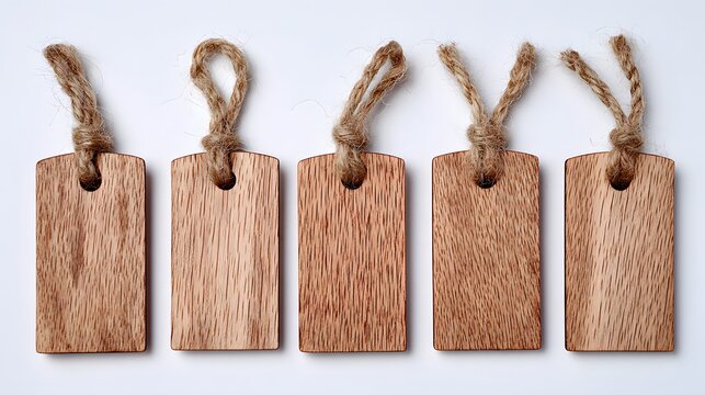 Group of simple, rectangular wooden tags with jute string.