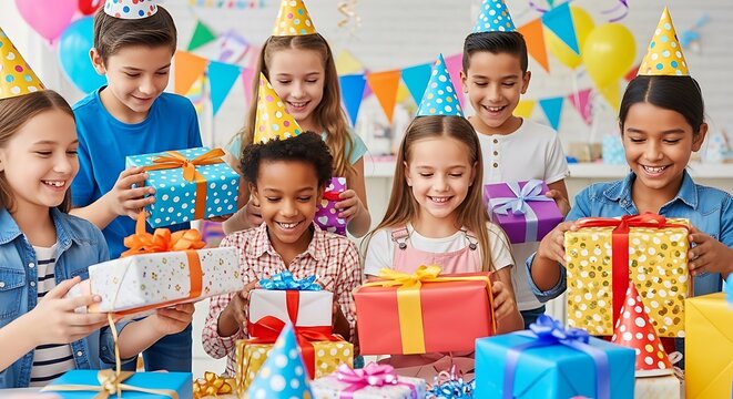 A diverse group of happy children celebrating a birthday party with gifts, cake, and colorful decorations.