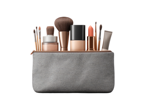 Makeup brushes and products in a gray cosmetic bag.  A variety of makeup tools and containers are neatly organized inside a neutral-toned zippered pouch.  High-quality rendering