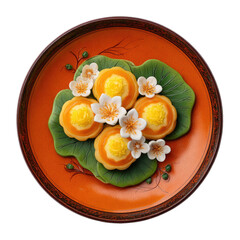 Round plate with small, yellow-orange confections, arranged as lotus blossoms