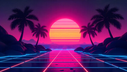 Synthwave sunset reflecting on a wet, grid-textured virtual landscape after a rain, neon reflections, vaporwave style, pink and blue hues.