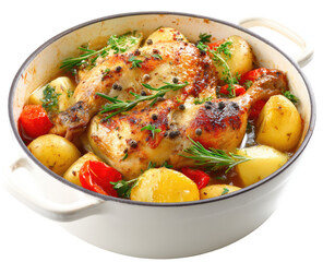 Roasted chicken and potatoes in a white Dutch oven