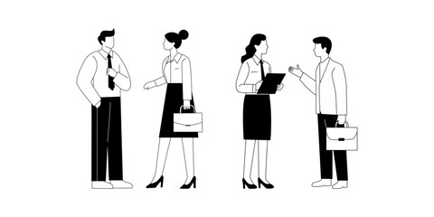 Business Professionals in Discussion, Monochrome Illustration