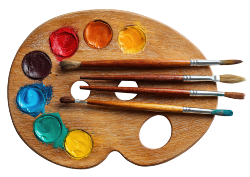 Wooden artist's palette with colorful paints and brushes