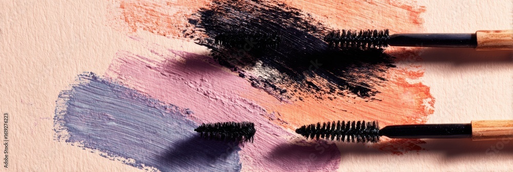 Poster artistic blend of mascara and brushes creating shadows on pastel colors in a clean setting