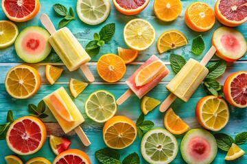 A vibrant overhead flat lay of assorted fresh citrus fruits and refreshing fruit popsicles scattered on a rustic blue wooden table, creating a colorful summer food display