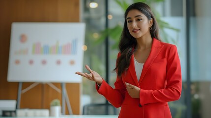 Indian woman in red blazer presenting data charts