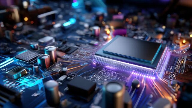 Close-up view of a sophisticated computer chip, intricate circuit board, and glowing electrical components 
