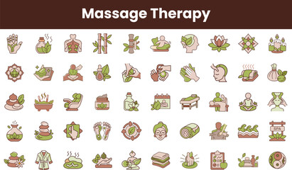 A collection of massage therapy icons showcasing various relaxation techniques and elements like lotus flowers, oils, and spa treatments, featuring a calming color palette.