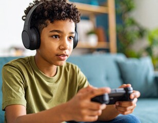 A Dominican boy playing video games in the living room, focused, colorful environment, relaxed setting