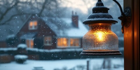 Obraz premium Illuminated lantern on snowy night, house softly blurred in background
