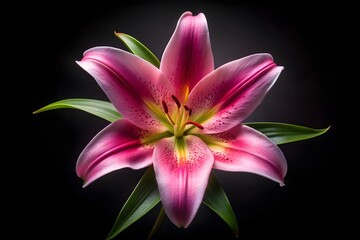 Fototapeta premium Closeup studio shot of a vibrant pink and purple lily flower with green leaves against a dark black background