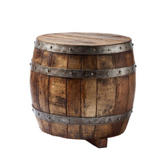 Obraz premium Round wooden barrel, rustic style. Iron bands adorn the exterior